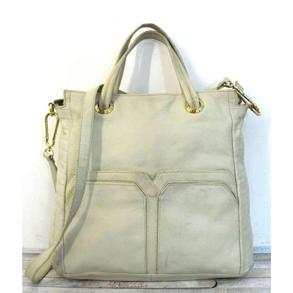 LRG STEVE MADDEN LIGHT GRAY GENUINE LEATHER TOP HANDLE TOTE HANDBAG SHOULDER BAG